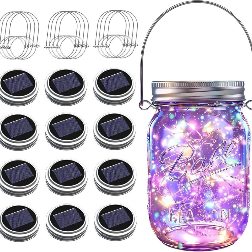 Solar Mason Jar Lights [Upgraded], 12 Pack 30 LED Firefly Fairy String Lights, W